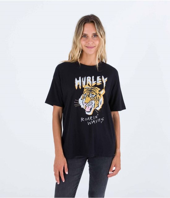 Hurley T-shirt Korta Sleeve Oversize Striper Oversized Caviar | 40589XATV